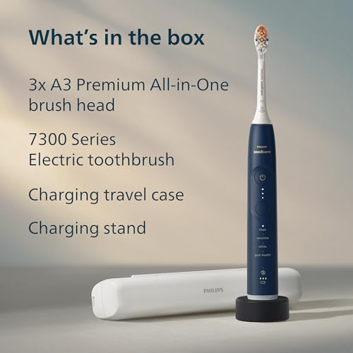 Philips Sonicare Serie 7300 Cepillo de Dientes Eléctrico Sónico, Sensor de Presión, 12 Ajustes de Cepillado, SmarTimer, Estuche de Viaje  Azul Marino (HX7423/05)