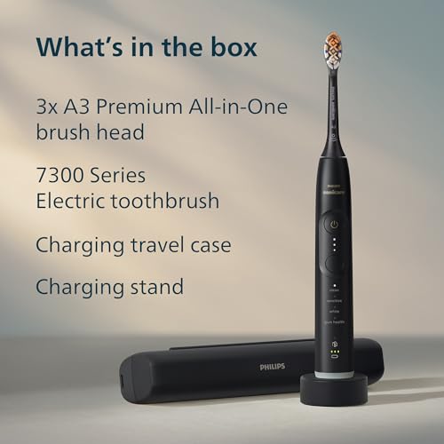 Philips Sonicare Serie 7300 Cepillo de Dientes Eléctrico Sónico, Sensor de Presión, 12 Ajustes de Cepillado, SmarTimer y BrushPacer, Estuche de Viaje  Negro (HX7421/07)