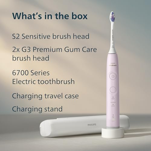 Philips Sonicare Serie 6700 Cepillo de Dientes Eléctrico Sónico, Sensor de Presión, 9 Ajustes de Cepillado, SmarTimer, Estuche de Viaje  Rosa Claro (HX7412/04)
