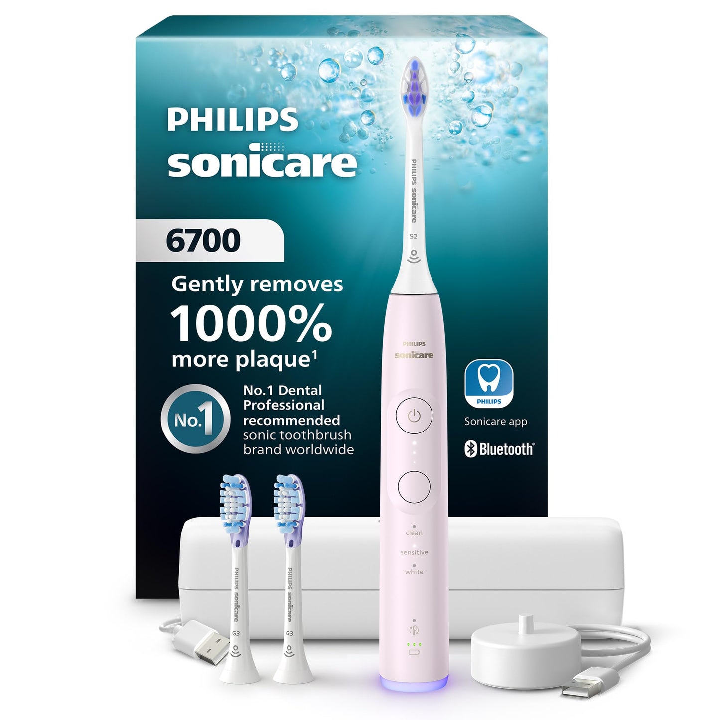 Philips Sonicare Serie 6700 Cepillo de Dientes Eléctrico Sónico, Sensor de Presión, 9 Ajustes de Cepillado, SmarTimer, Estuche de Viaje  Rosa Claro (HX7412/04)