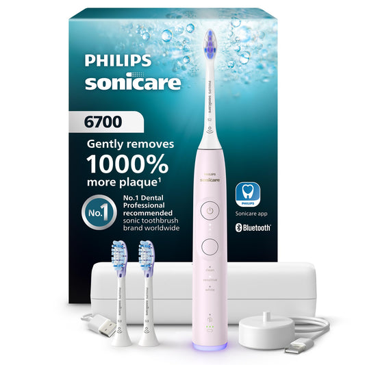 Philips Sonicare Serie 6700 Cepillo de Dientes Eléctrico Sónico, Sensor de Presión, 9 Ajustes de Cepillado, SmarTimer, Estuche de Viaje  Rosa Claro (HX7412/04)