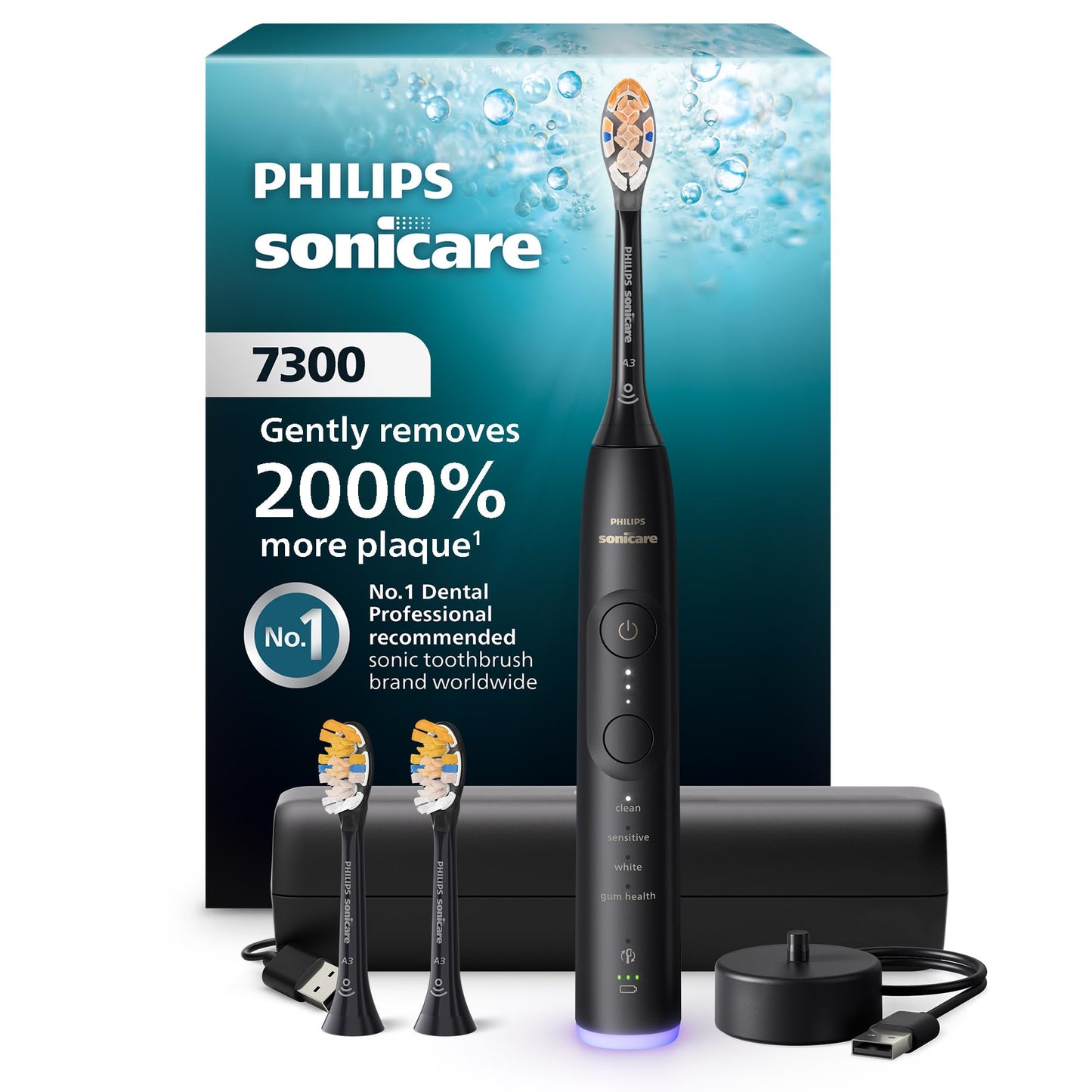 Philips Sonicare Serie 7300 Cepillo de Dientes Eléctrico Sónico, Sensor de Presión, 12 Ajustes de Cepillado, SmarTimer y BrushPacer, Estuche de Viaje  Negro (HX7421/07)