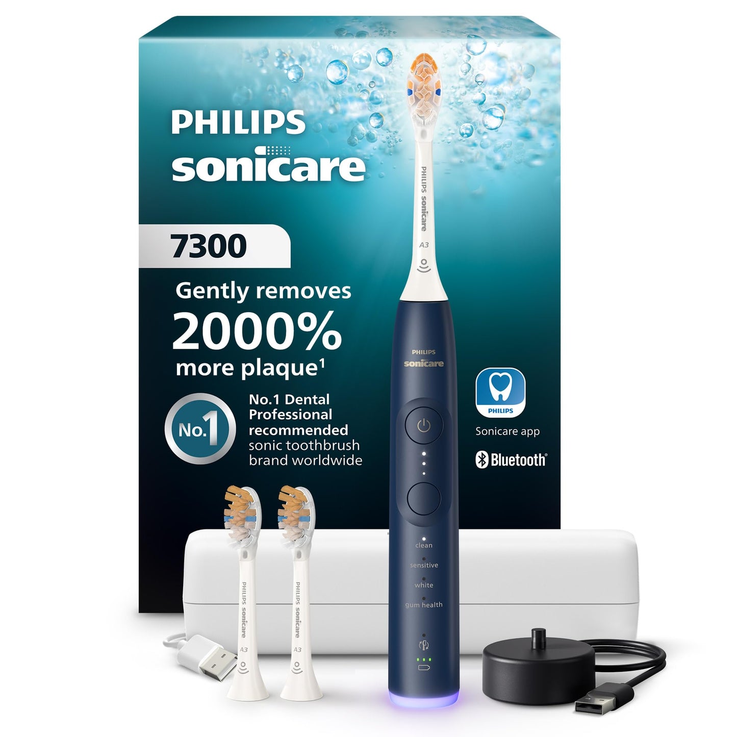 Philips Sonicare Serie 7300 Cepillo de Dientes Eléctrico Sónico, Sensor de Presión, 12 Ajustes de Cepillado, SmarTimer, Estuche de Viaje  Azul Marino (HX7423/05)