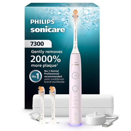Philips Sonicare Serie 7300 Cepillo de Dientes Eléctrico Sónico, Sensor de Presión, 12 Ajustes de Cepillado, SmarTimer y BrushPacer, Estuche de Viaje –Rosa Claro (HX7422/04)