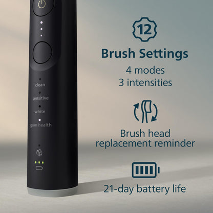 Philips Sonicare Serie 7300 Cepillo de Dientes Eléctrico Sónico, Sensor de Presión, 12 Ajustes de Cepillado, SmarTimer y BrushPacer, Estuche de Viaje  Negro (HX7421/07)