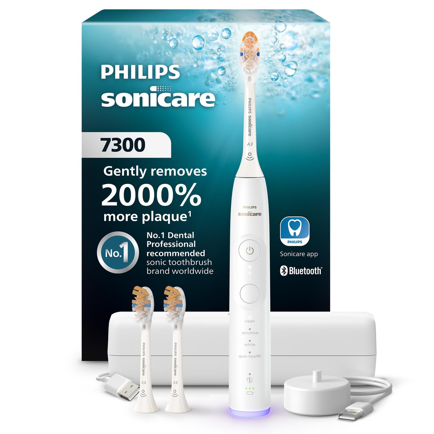 Philips Sonicare Serie 7300 Cepillo de Dientes Eléctrico Sónico, Sensor de Presión, 12 Ajustes de Cepillado, Estuche de Viaje – Blanco (HX7420/07)