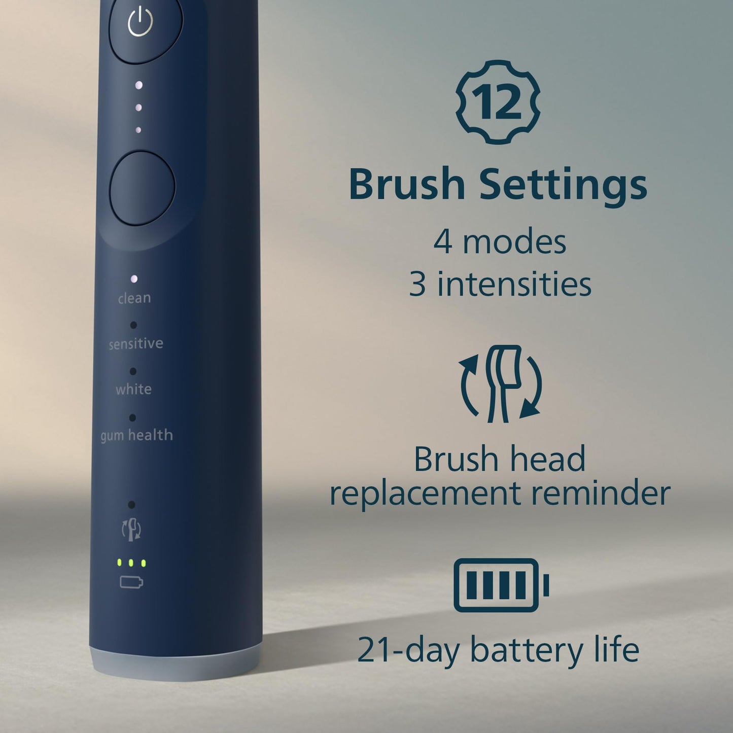Philips Sonicare Serie 7300 Cepillo de Dientes Eléctrico Sónico, Sensor de Presión, 12 Ajustes de Cepillado, SmarTimer, Estuche de Viaje  Azul Marino (HX7423/05)